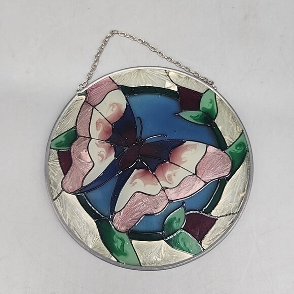 Vintage Stained Glass Butterfly Suncatcher 4.5" Round - Picture 1 of 2